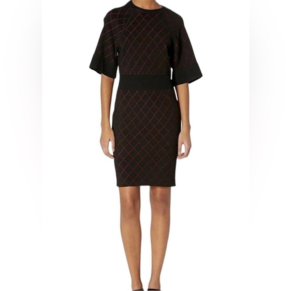 Nicole miller midi dress small black and red sheath short sleeves knee length - Picture 1 of 9